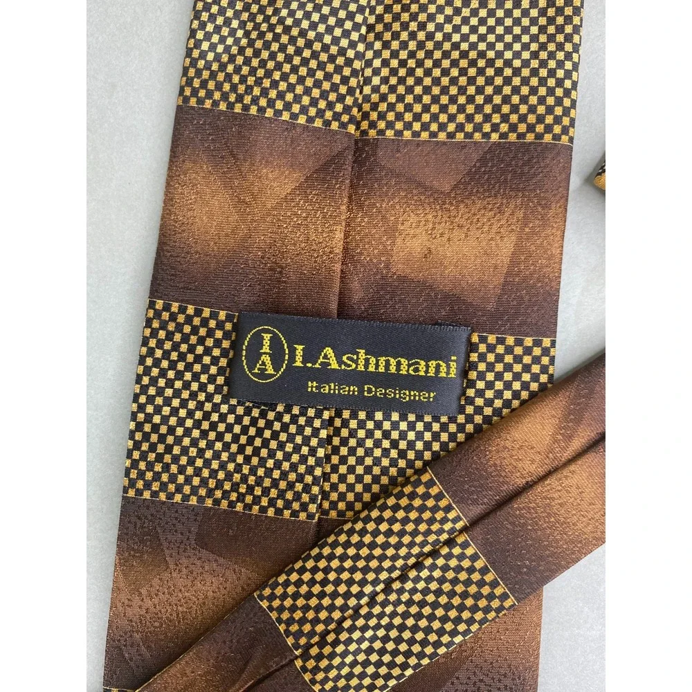 I. Ashmani Mens Tie Brown Gold Geometric Abstract Art Deco Artsy Checkered 57x4